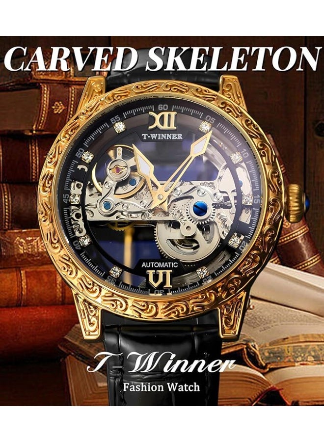 Winner Men Vintage Mechanical Self-wind Watch, Gorgeous Carving Totem Bezel，Luxury Double-sided Hallow Skeleton Dail with Diamond Scale Automatic Watches, Big Dial Leather Strap Wristwatch - Image 3